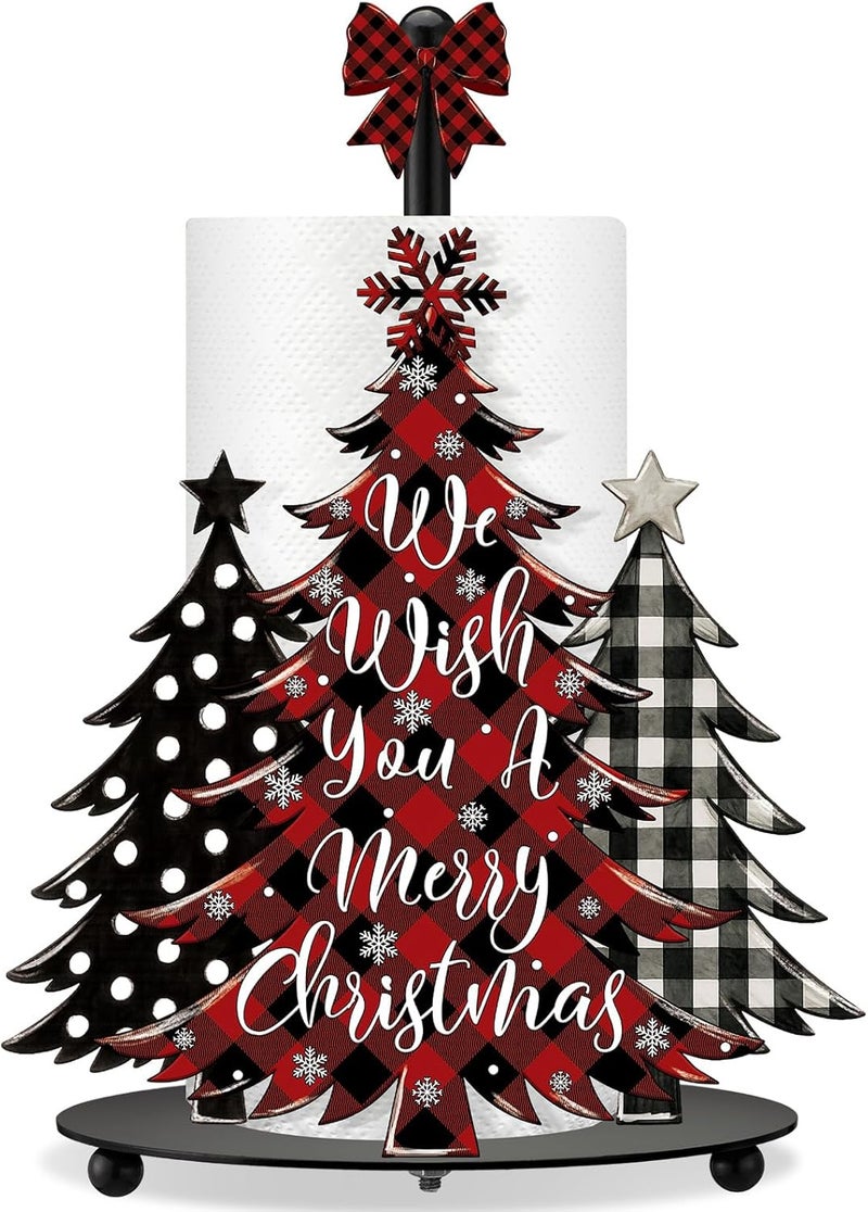 Shellwei Christmas Tree Paper Towel Holder with Round Base Buffalo Plaid Christmas Bathroom Decor Rustic Xmas Tree Dispenser Kitchen Paper Holder Stand for Xmas Countertop Toilet Home Accessories - Image 1